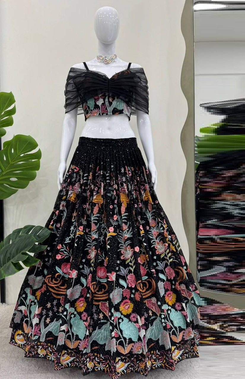 Black Georgette Multi Thread & Sequence Work Lehenga Choli
