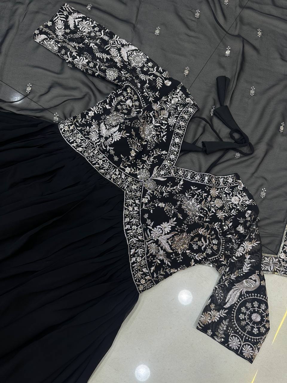 Black Georgette Embroidered Ready to Wear Gown Set