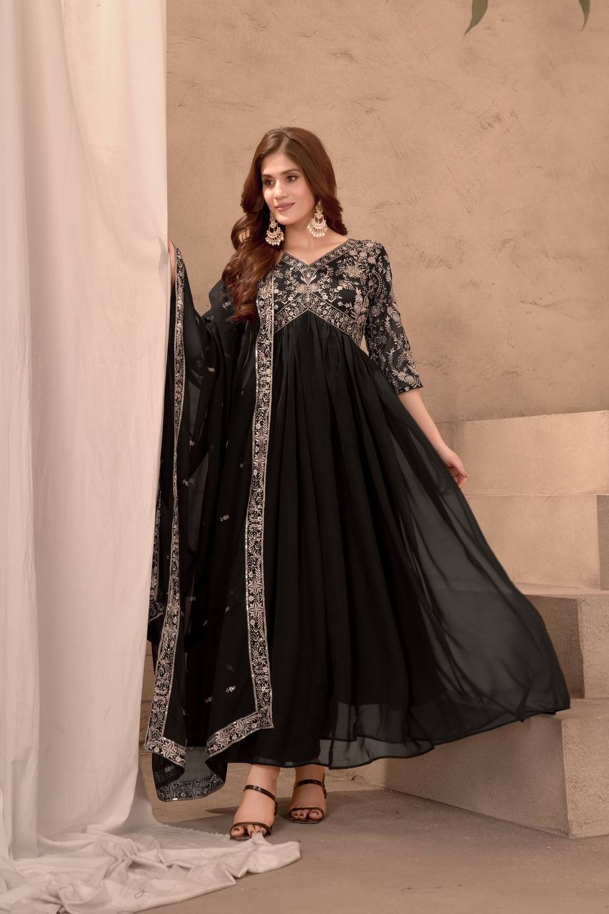 Black Georgette Embroidered Ready to Wear Gown Set