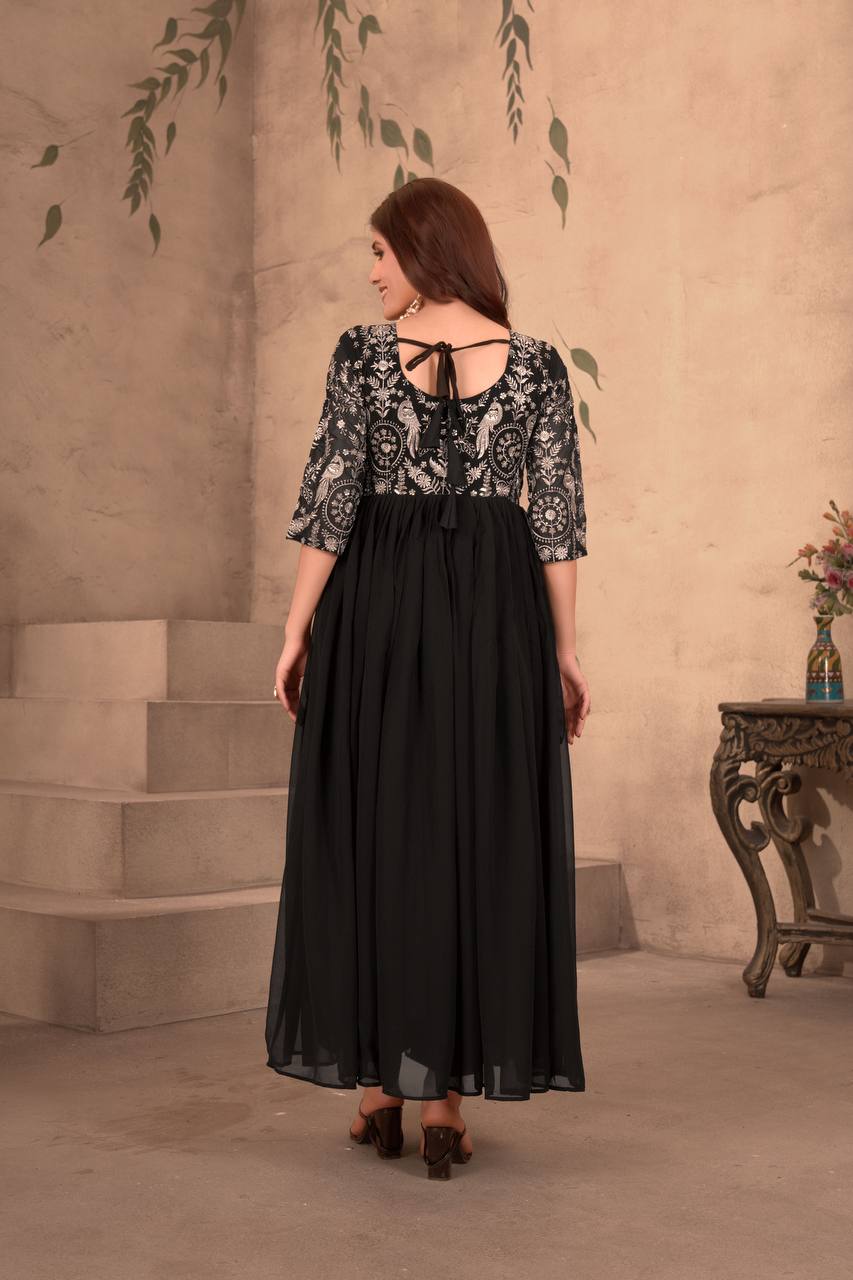 Black Georgette Embroidered Ready to Wear Gown Set