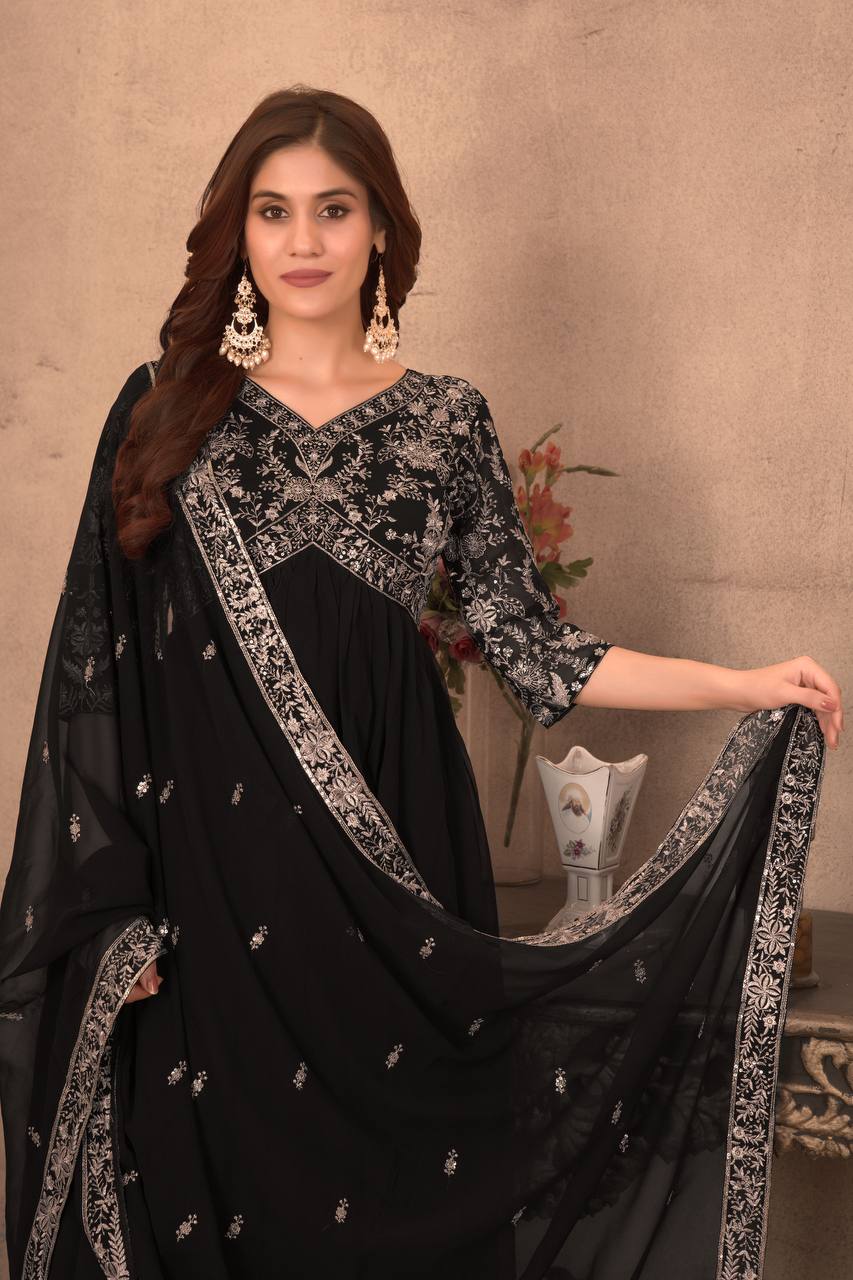 Black Georgette Embroidered Ready to Wear Gown Set