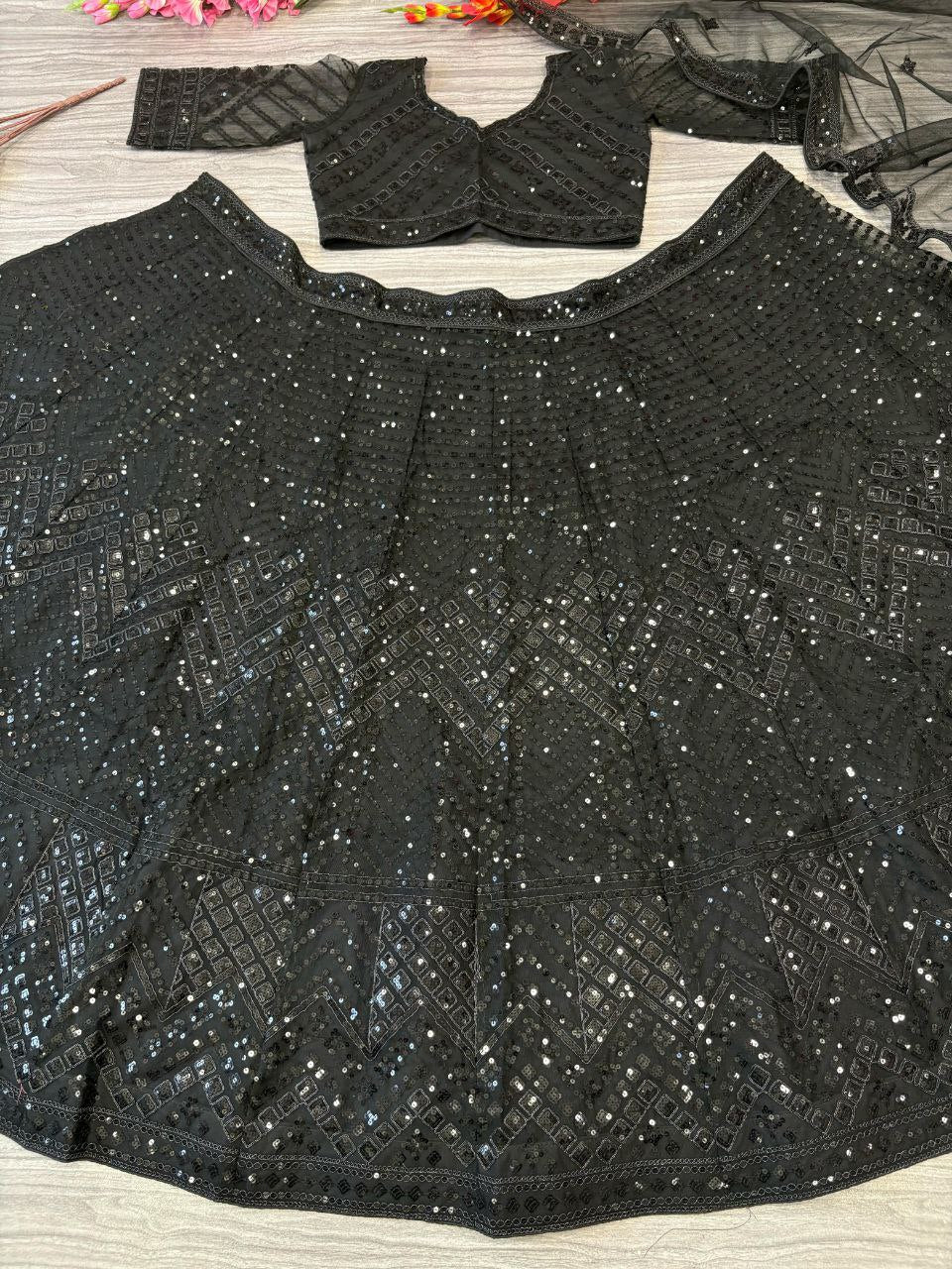 Black Net Sequence work semi stitched lehenga choli