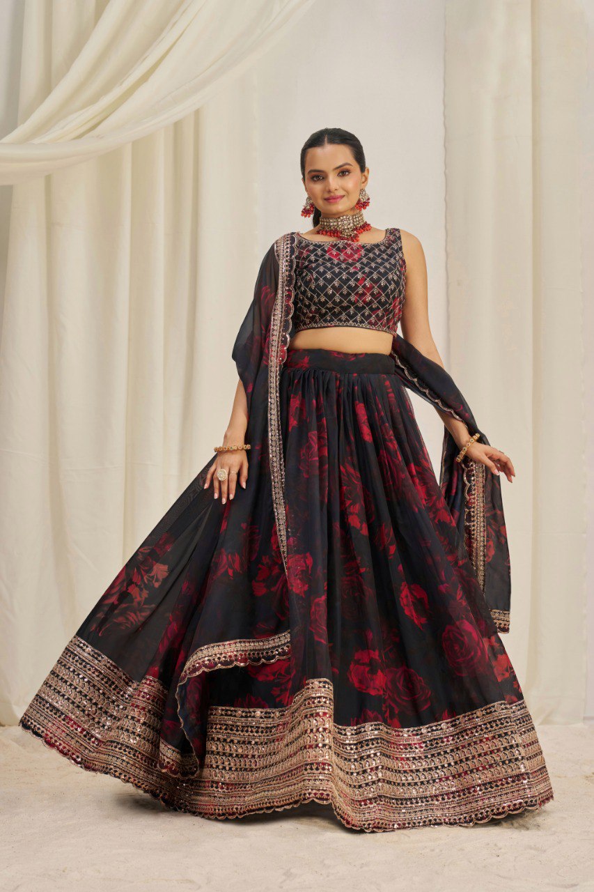 Black Color Print & Sequence Embroidered Organza Silk Lehenga Choli