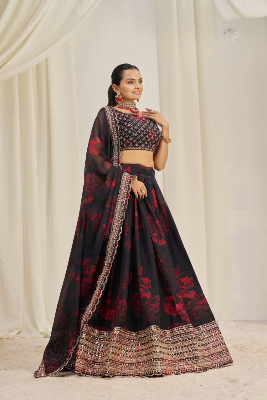 Black Color Print & Sequence Embroidered Organza Silk Lehenga Choli