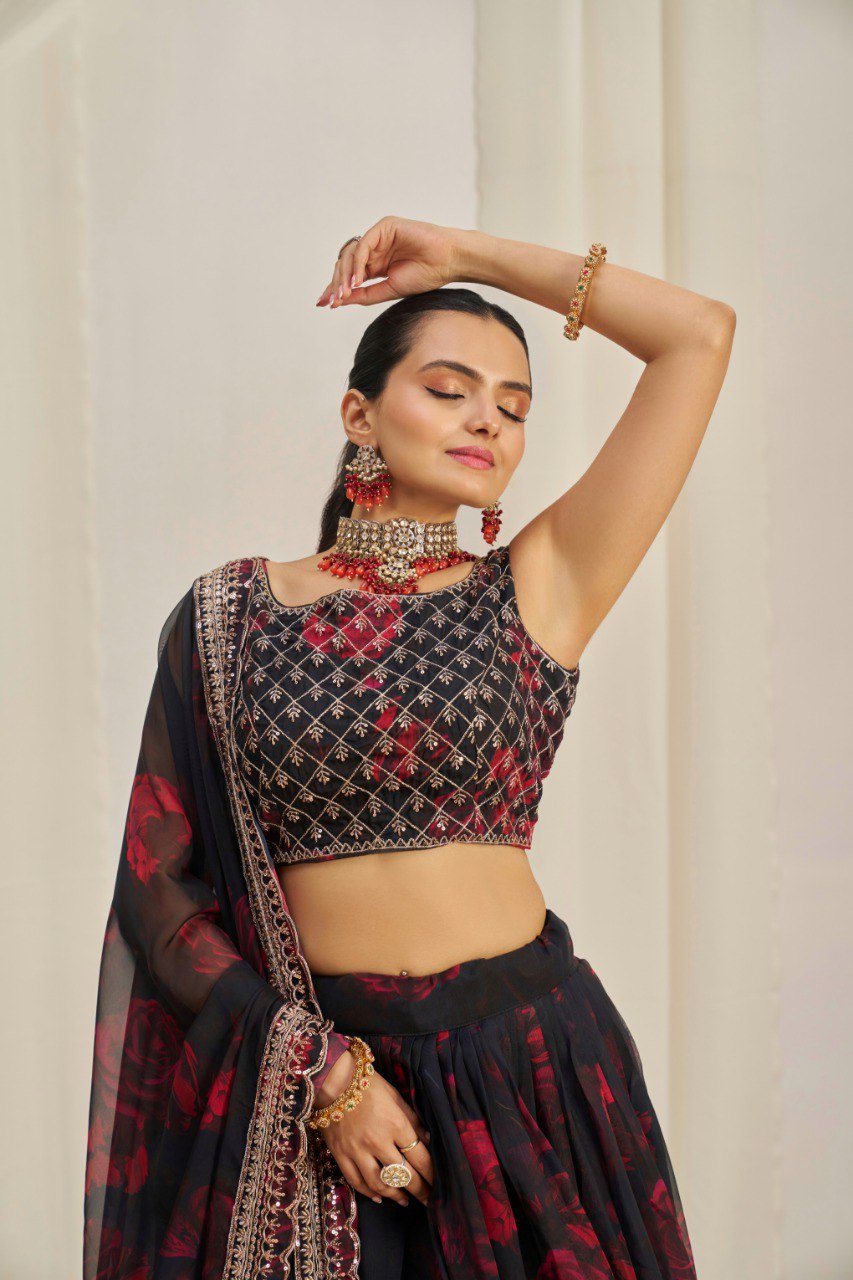 Black Color Print & Sequence Embroidered Organza Silk Lehenga Choli