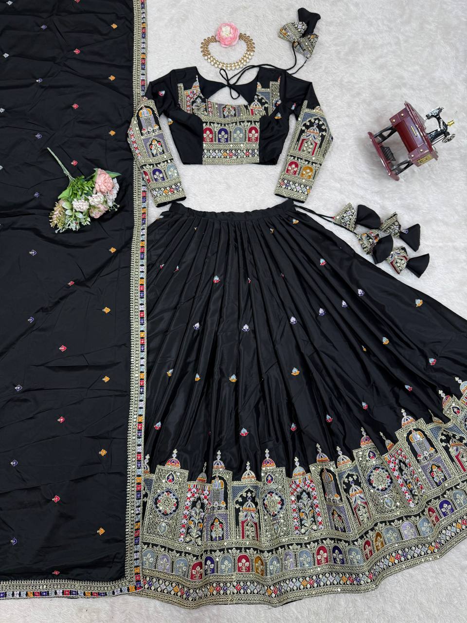 Black Color Crep Silk Embroidered Semi Stitched Lehenga Choli