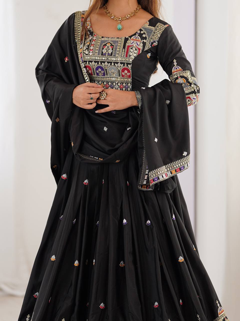 Black Color Crep Silk Embroidered Semi Stitched Lehenga Choli