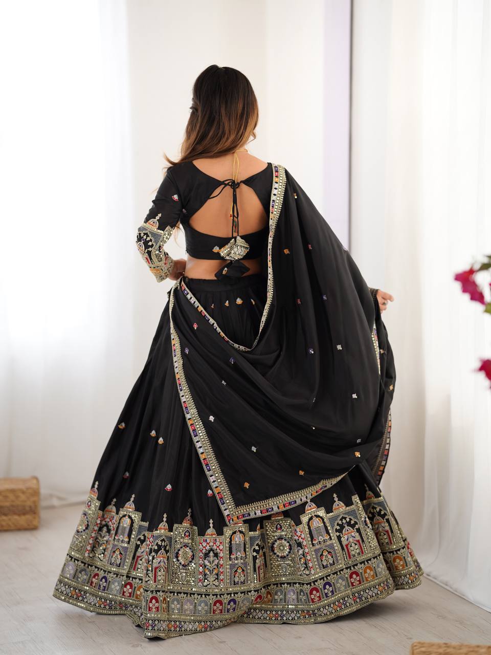 Black Color Crep Silk Embroidered Semi Stitched Lehenga Choli