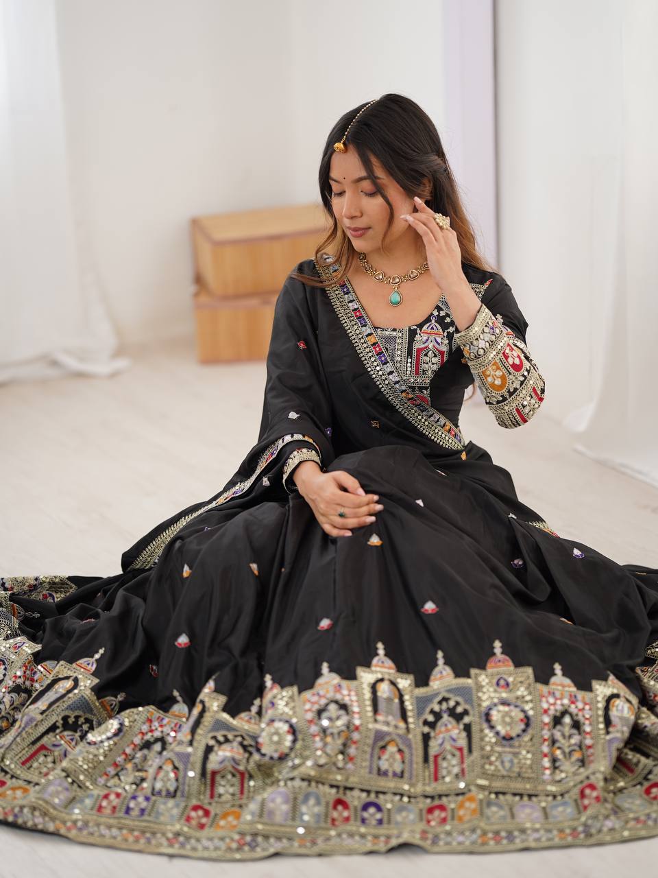 Black Color Crep Silk Embroidered Semi Stitched Lehenga Choli