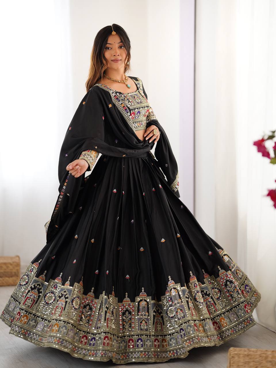 Black Color Crep Silk Embroidered Semi Stitched Lehenga Choli
