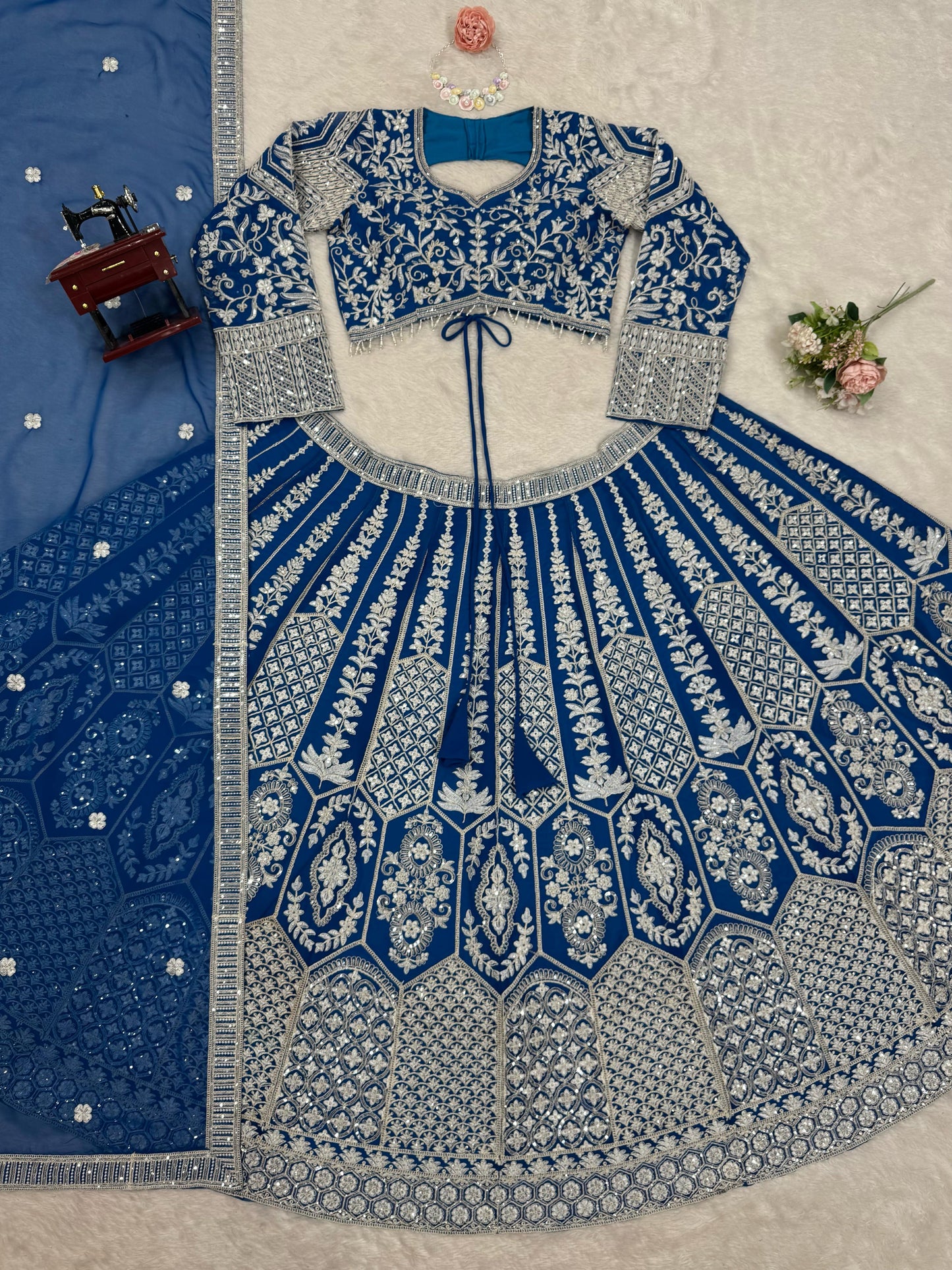 Blue Color Georgette Coding Embroidered Work Lehenga Choli