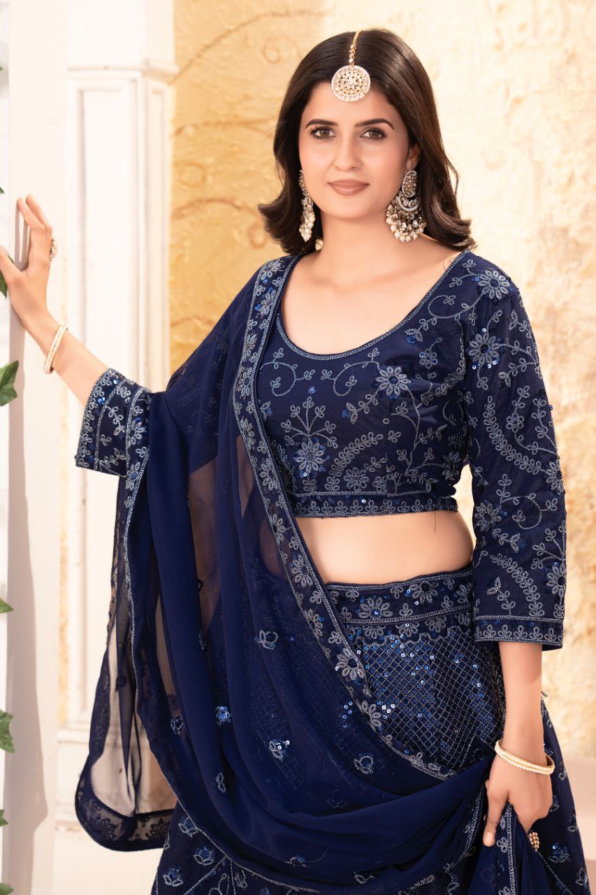 Navy Blue Georgette Embroidered Lehenga Choli