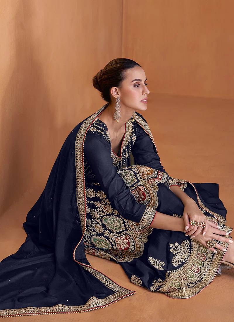 Navy Blue Heavy Embroidered Ready to Wear Suit Set