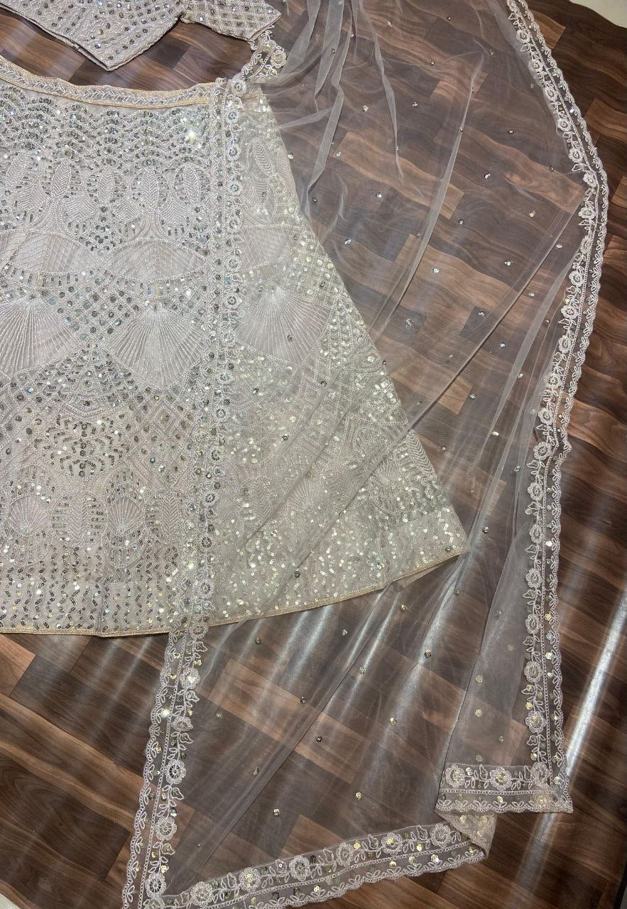 Biege Premium Net Embroidered Lehenga Choli