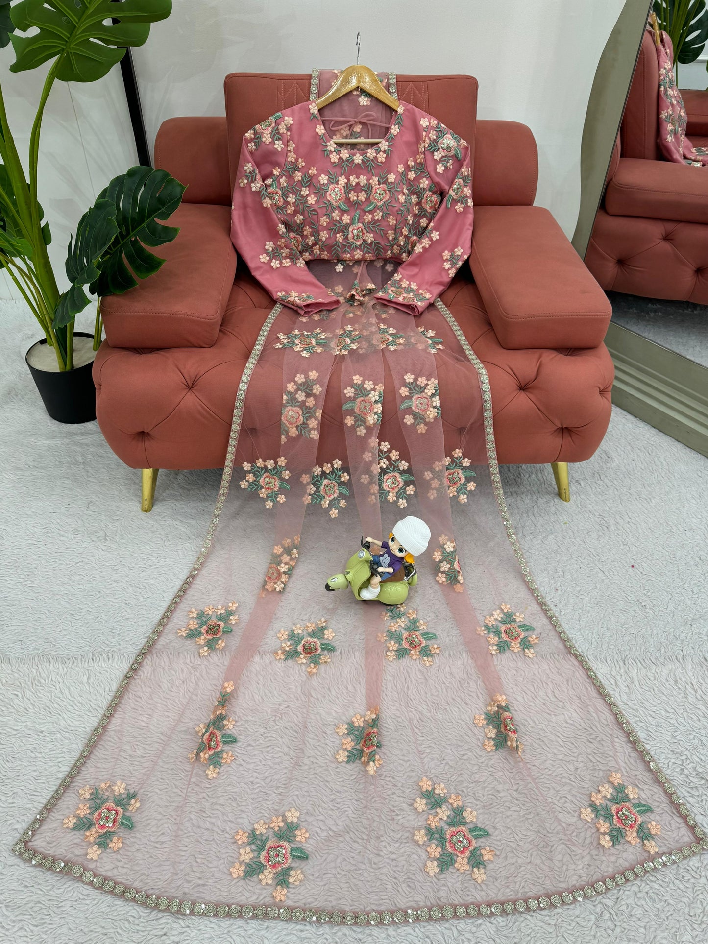 Peach Color Soft Net Thread Work Saree Blouse