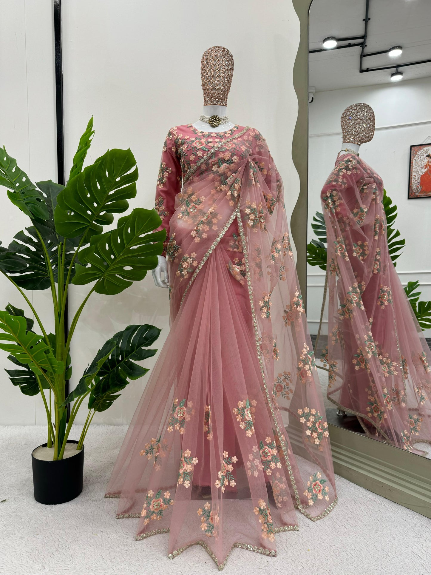 Peach Color Soft Net Thread Work Saree Blouse