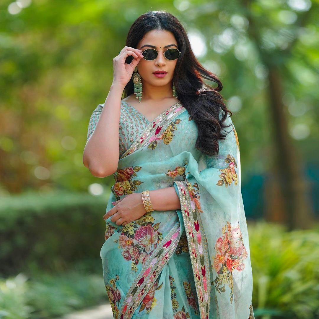 Tubby Silk Digital Print And Sequense Work Firozi Colour Saree