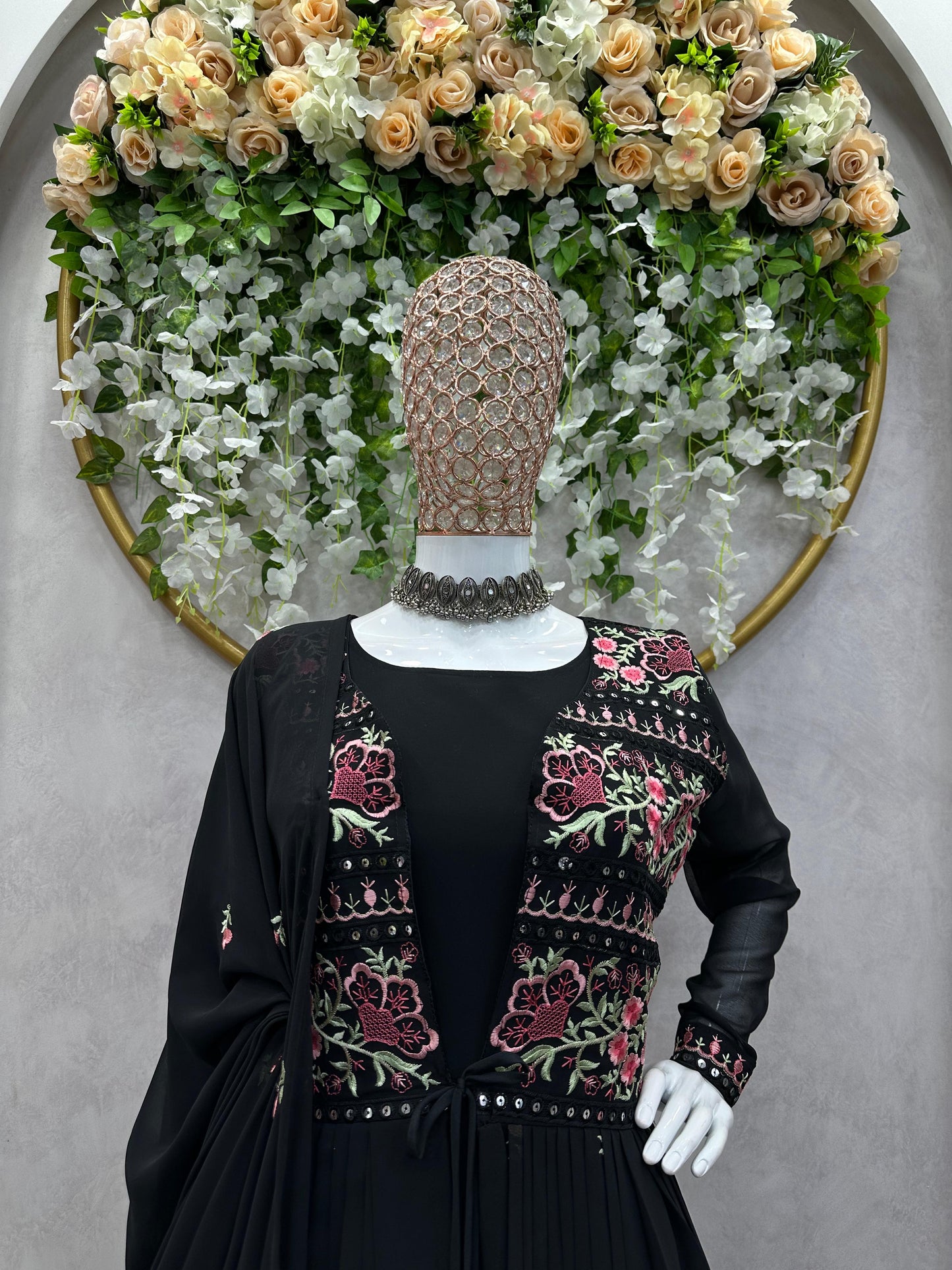 Glamorous Black Colour Full Stitch Georgette Gown With Embroidery Worked Shrug