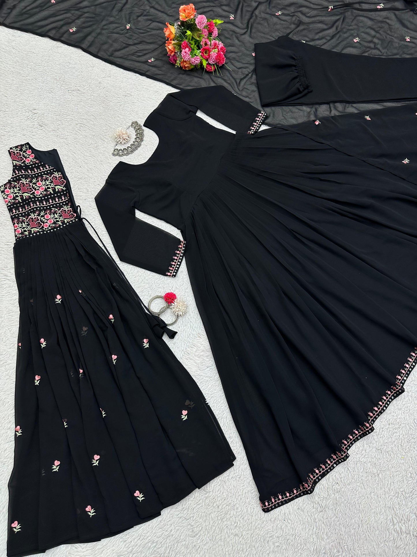 Glamorous Black Colour Full Stitch Georgette Gown With Embroidery Worked Shrug