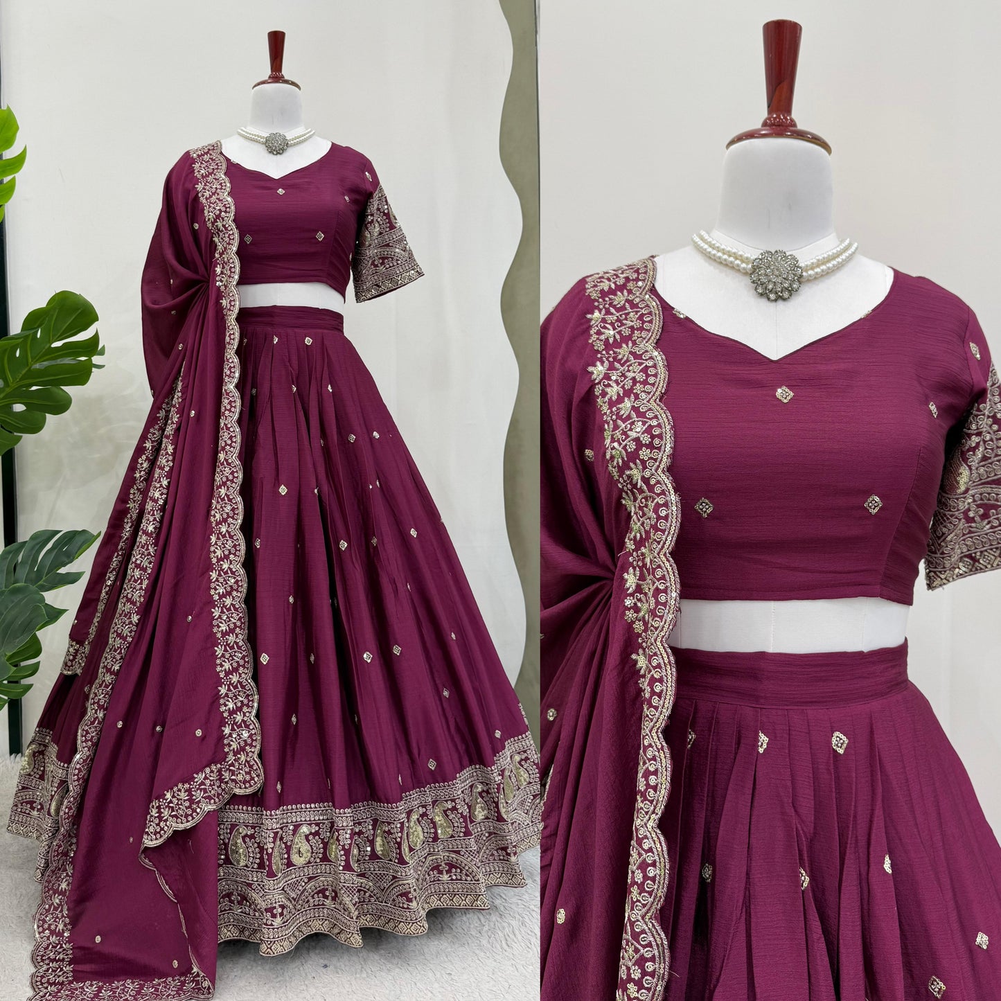 Chinon Silk Sauber Lehenga Choli ~Purple & Wine