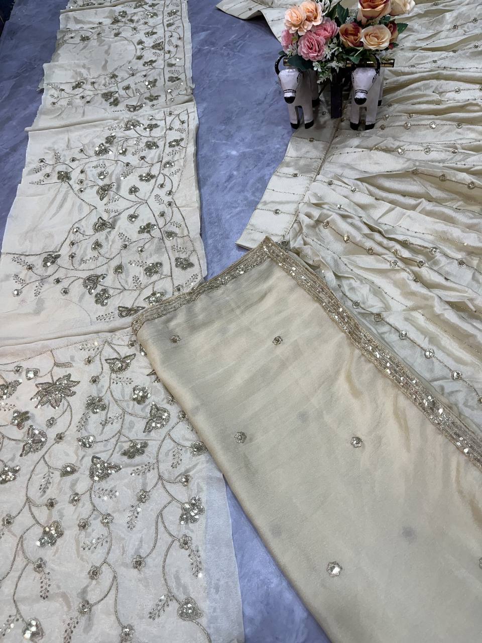 Cream Color Chinon Silk Sequence Work Lehenga Choli