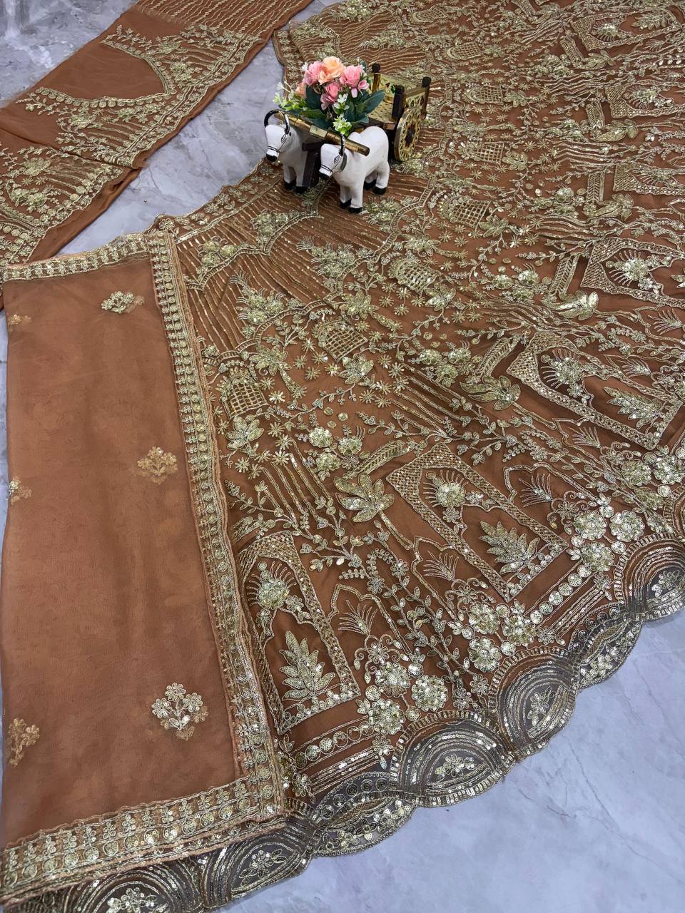 Chocalate Color Soft Net Heavy Sequence Jari Work Lehenga Choli