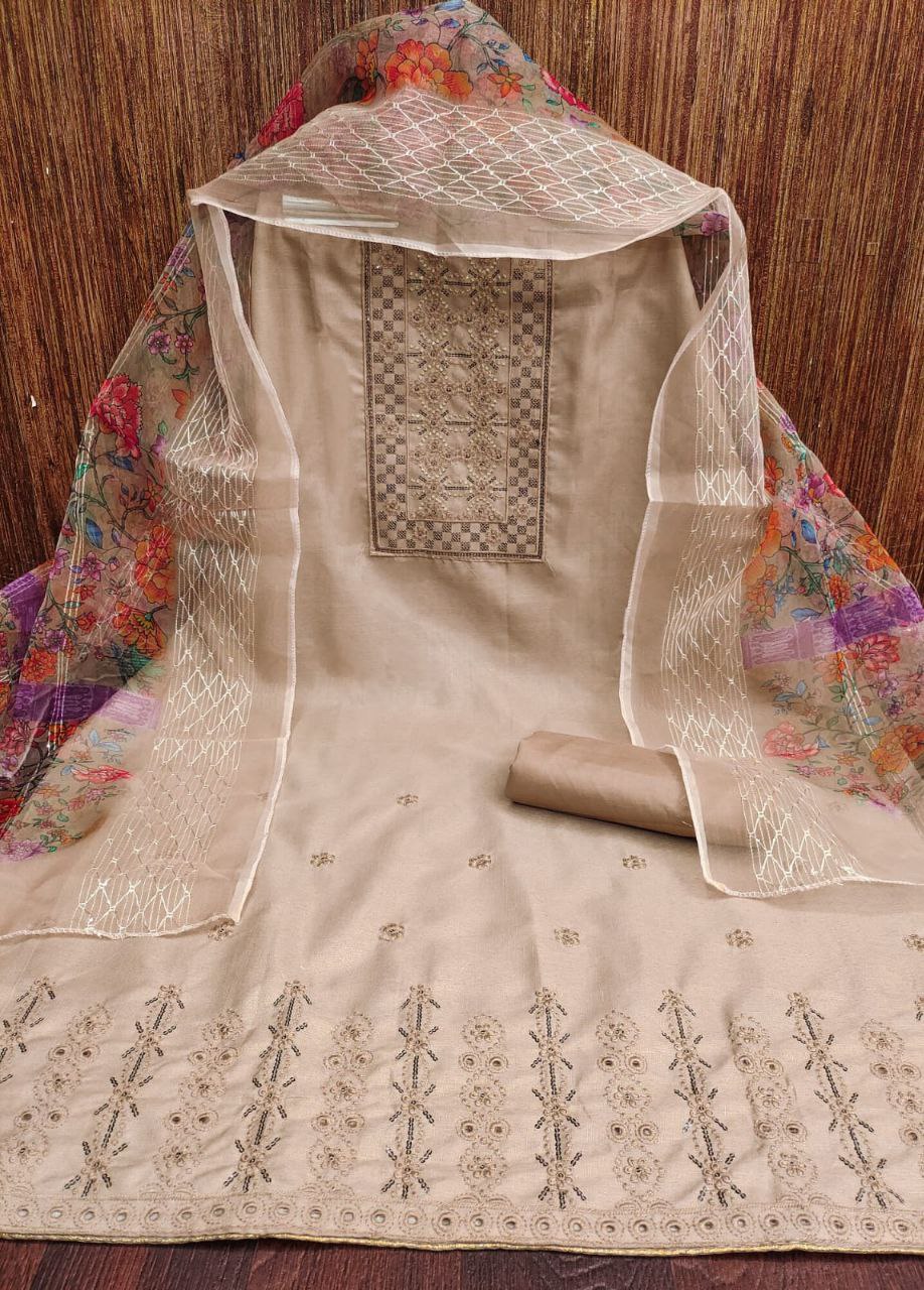 Biege Color Cotton Multi Sequence Work Dress Material