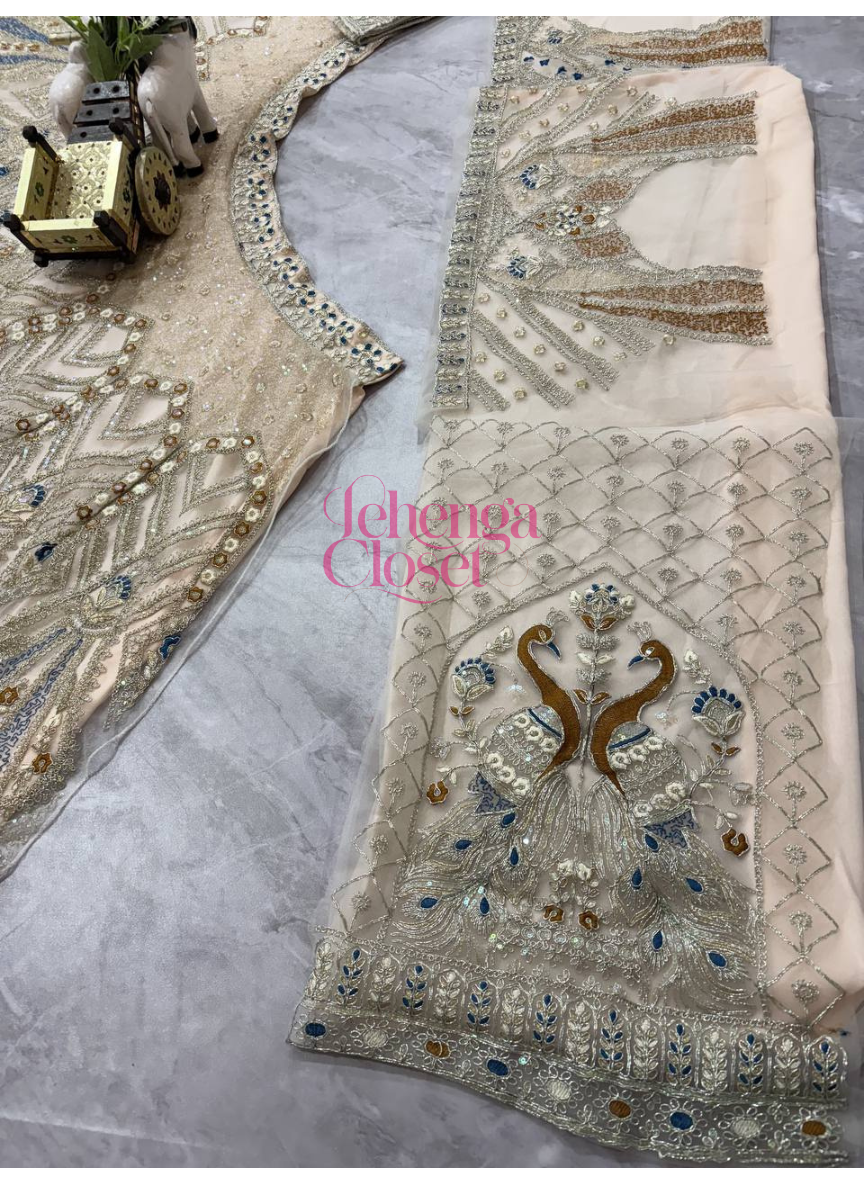 Cream Color Soft Net Coding & Sequins Work Semi Stiched Lehenga Choli