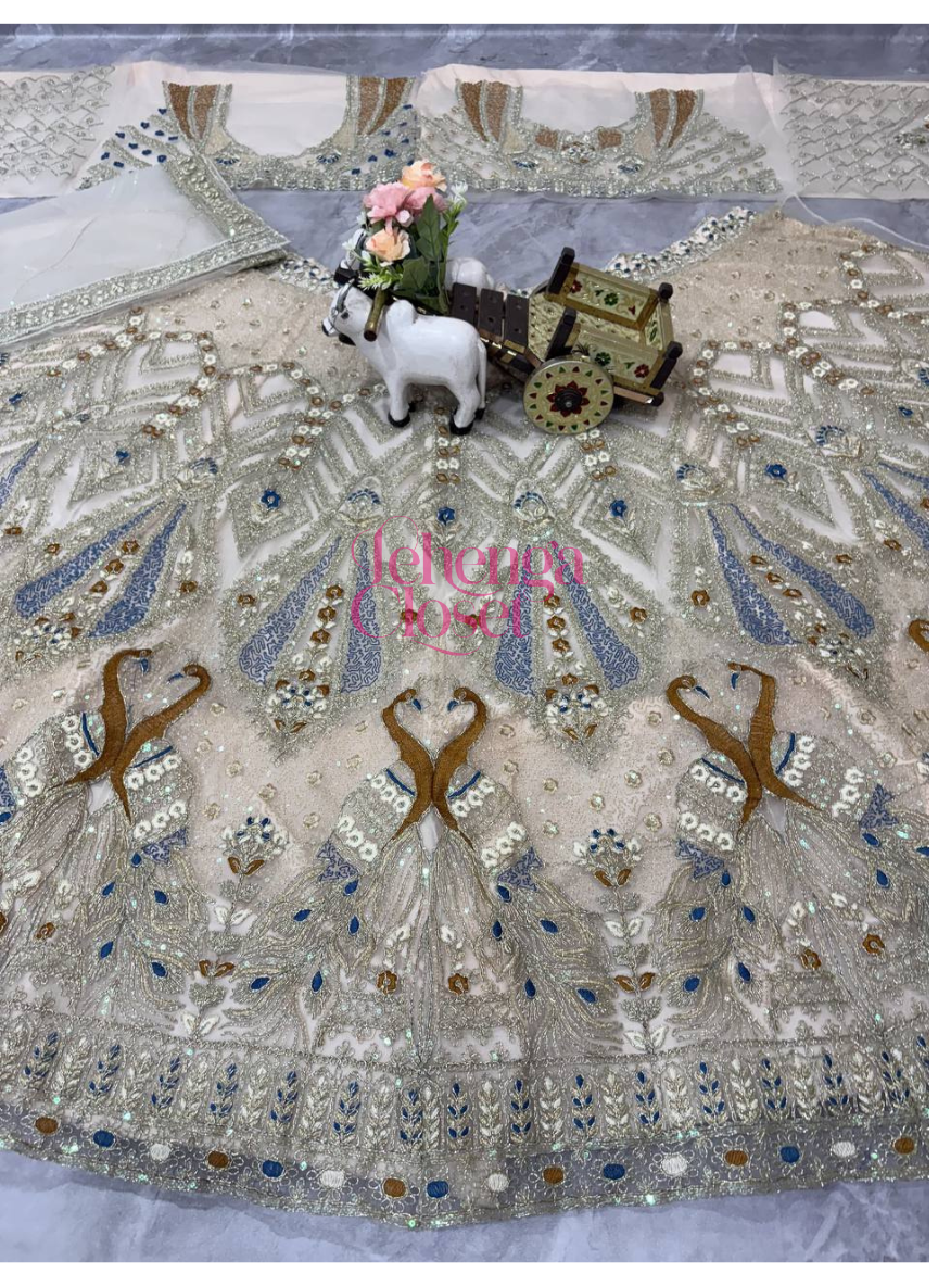 Cream Color Soft Net Coding & Sequins Work Semi Stiched Lehenga Choli