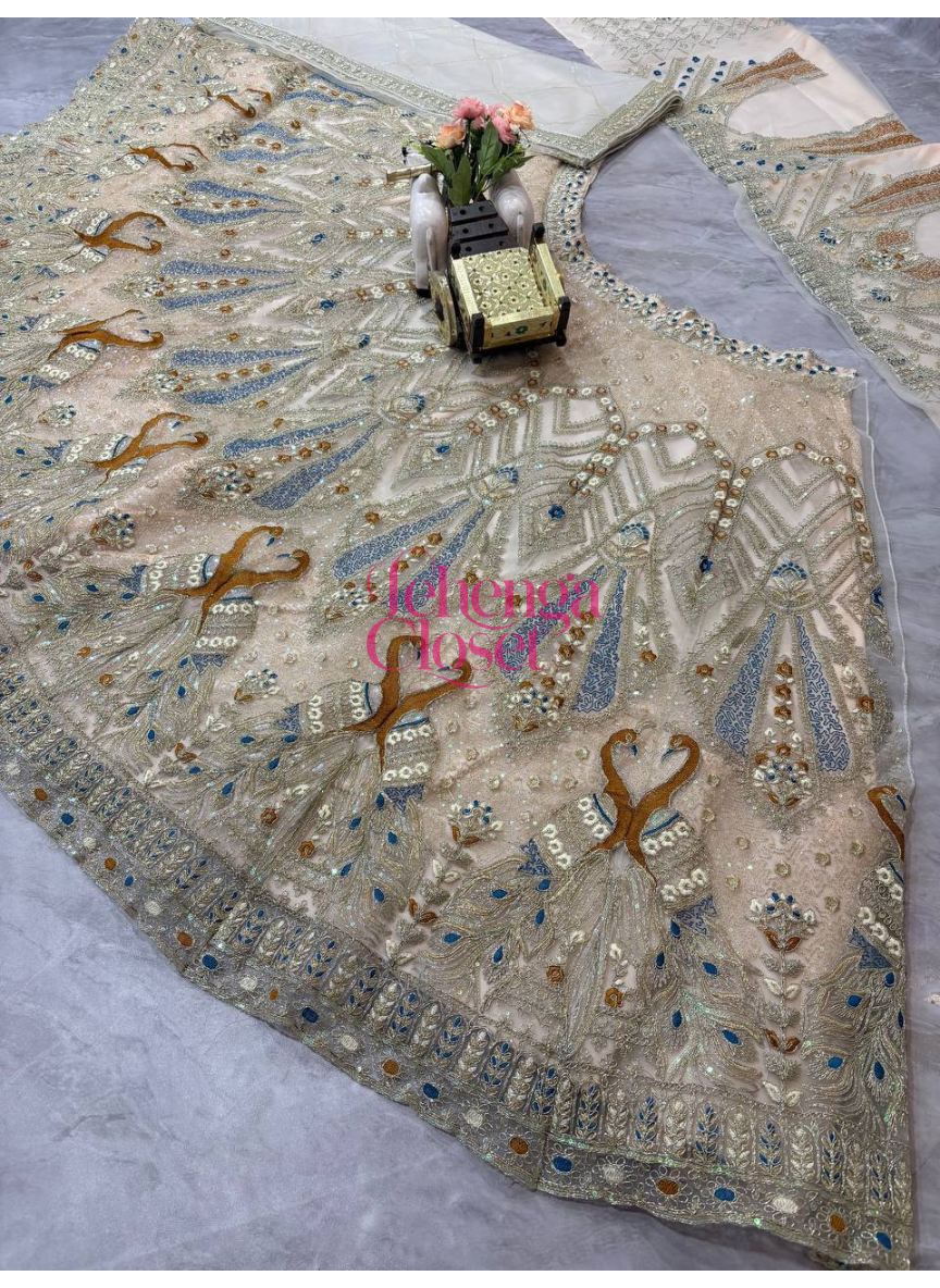 Cream Color Soft Net Coding & Sequins Work Semi Stiched Lehenga Choli