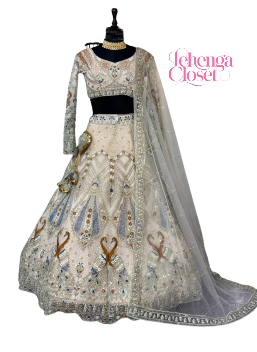 Cream Color Soft Net Coding & Sequins Work Semi Stiched Lehenga Choli