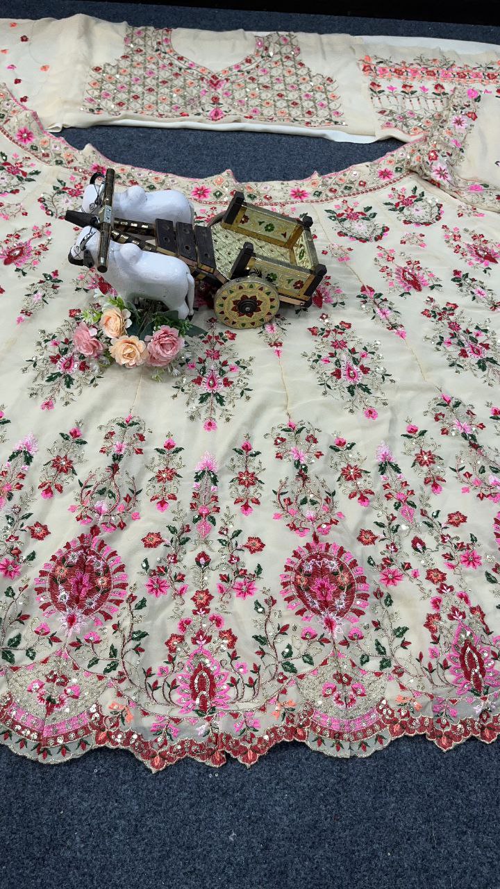Cream Georgette Beautiful Thread Embroidered Lehenga Choli