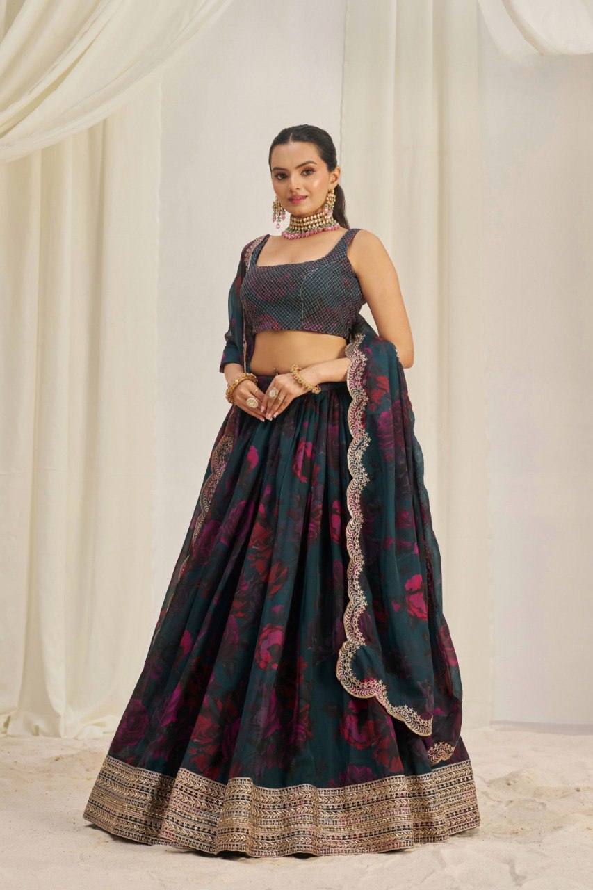 Black Color Print & Sequence Embroidered Organza Silk Lehenga Choli