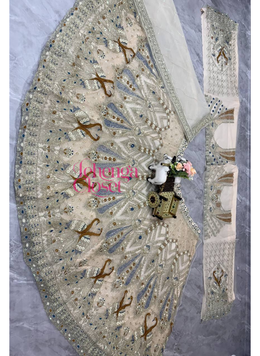 Cream Color Soft Net Coding & Sequins Work Semi Stiched Lehenga Choli