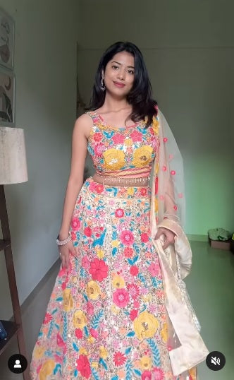 Colorful Floral Thread Embroidered Work Georgette Semi Stiched Lehenga Choli