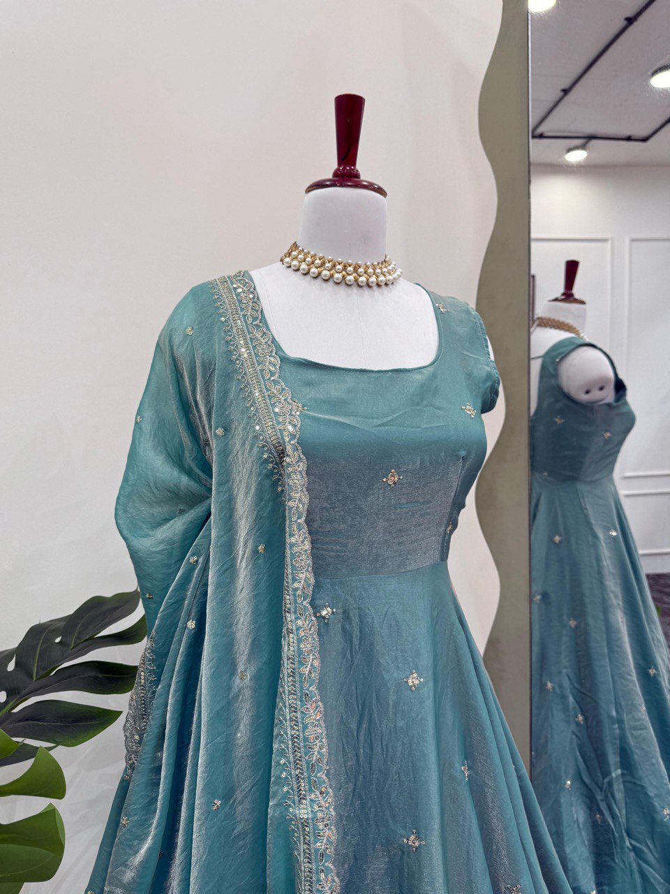 Fully Stitched Fandy Silk Gown With Pant Dupatta Set