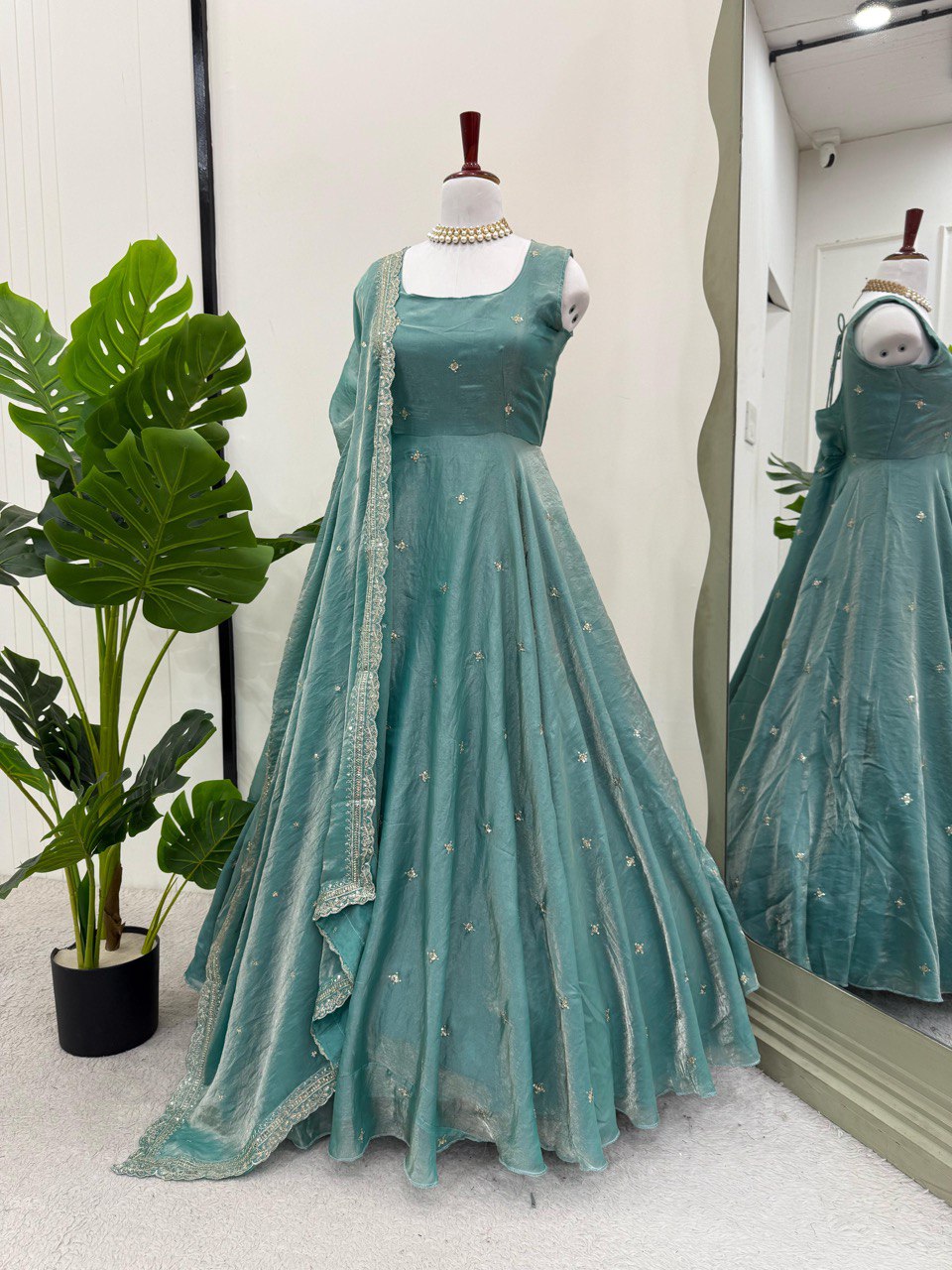 Fully Stitched Fandy Silk Gown With Pant Dupatta Set