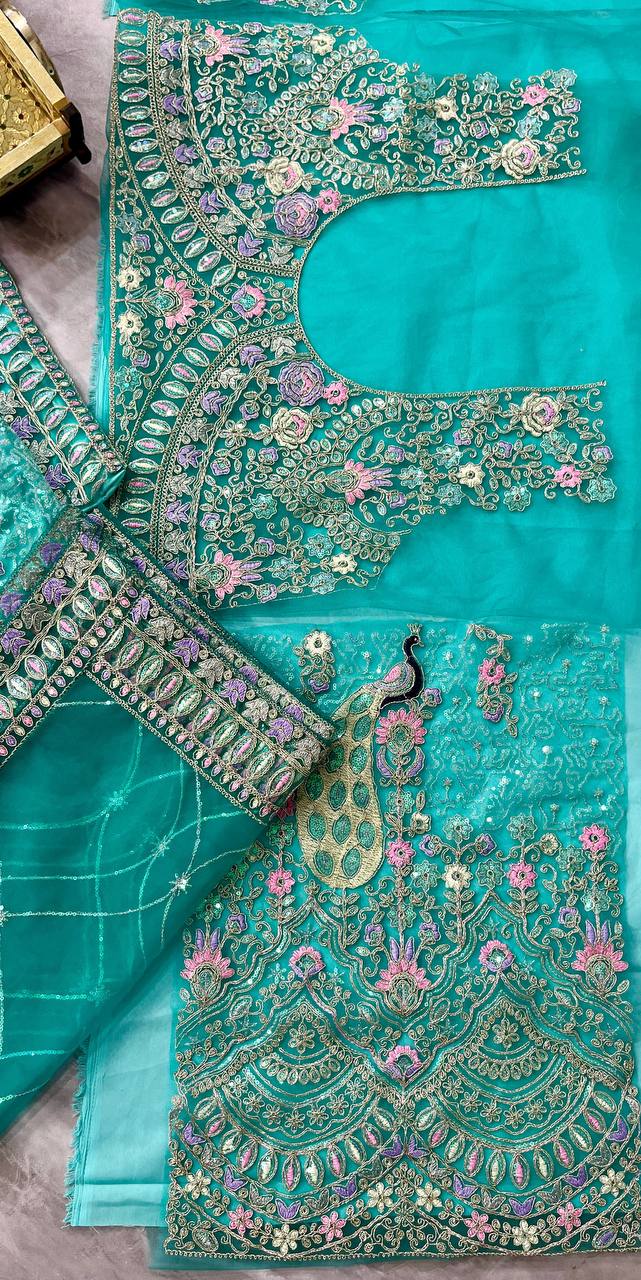 Peacock Design Light Sky Color Soft Net Coding Embroidered Work Lehenga Choli