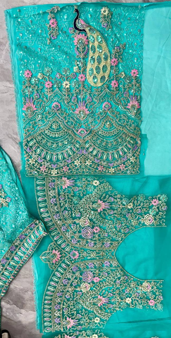 Peacock Design Light Sky Color Soft Net Coding Embroidered Work Lehenga Choli