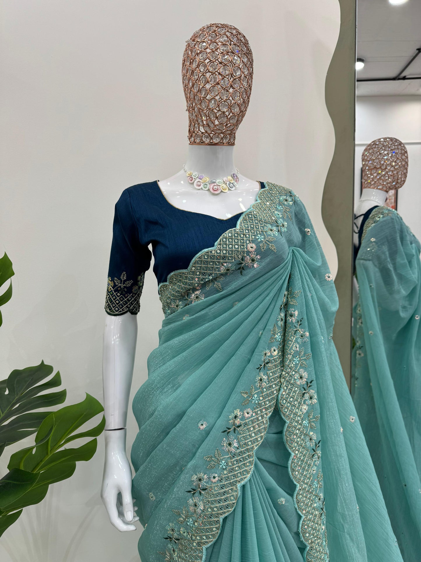 Firozi Color Silk Border Work Saree Blouse