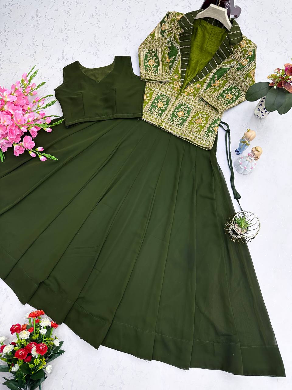Mehndi Green Fully Stitched Koti Style Lehenga Choli For Any Occasions