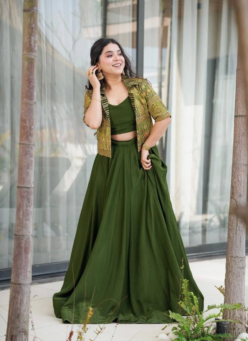 Mehndi Green Fully Stitched Koti Style Lehenga Choli For Any Occasions