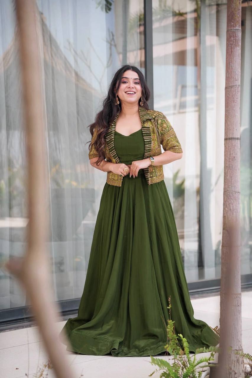 Mehndi Green Fully Stitched Koti Style Lehenga Choli For Any Occasions