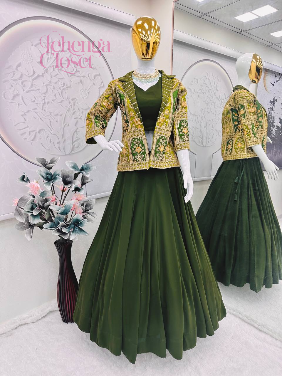 Mehndi Green Fully Stitched Koti Style Lehenga Choli For Any Occasions