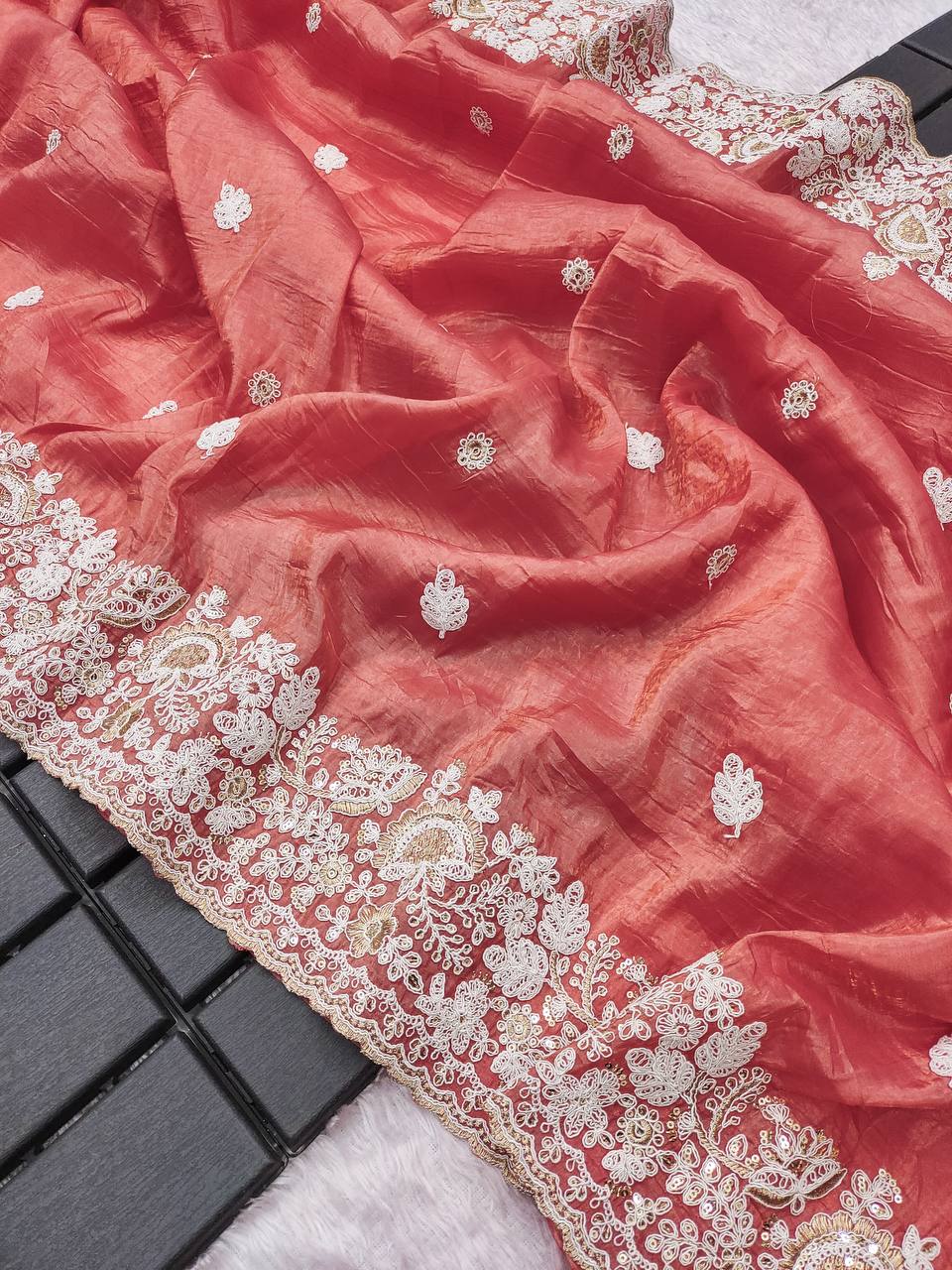 Peach Gold Crush Silk Embroidered Coding Saree Blouse