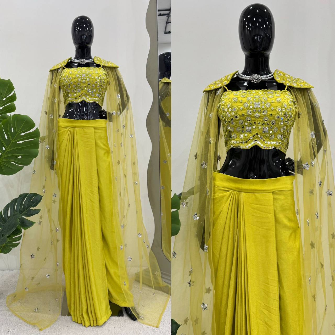 Lemon Yellow Dhoti Style Silk Embroidered Suit