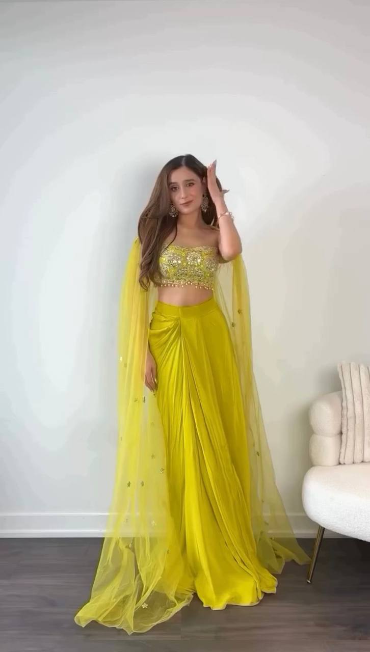 Lemon Yellow Dhoti Style Silk Embroidered Suit