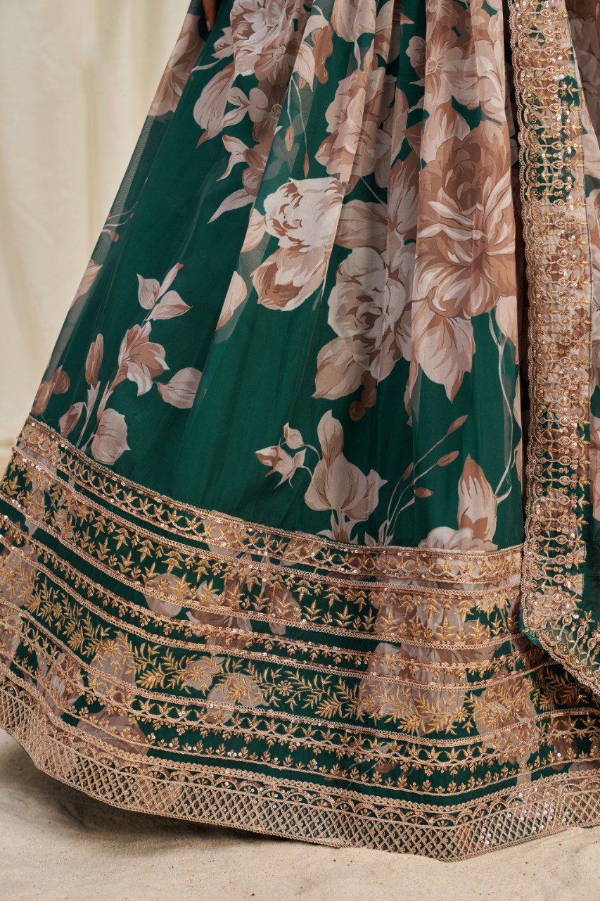 Green Print & Embroidered Organza Silk Lehenga Choli