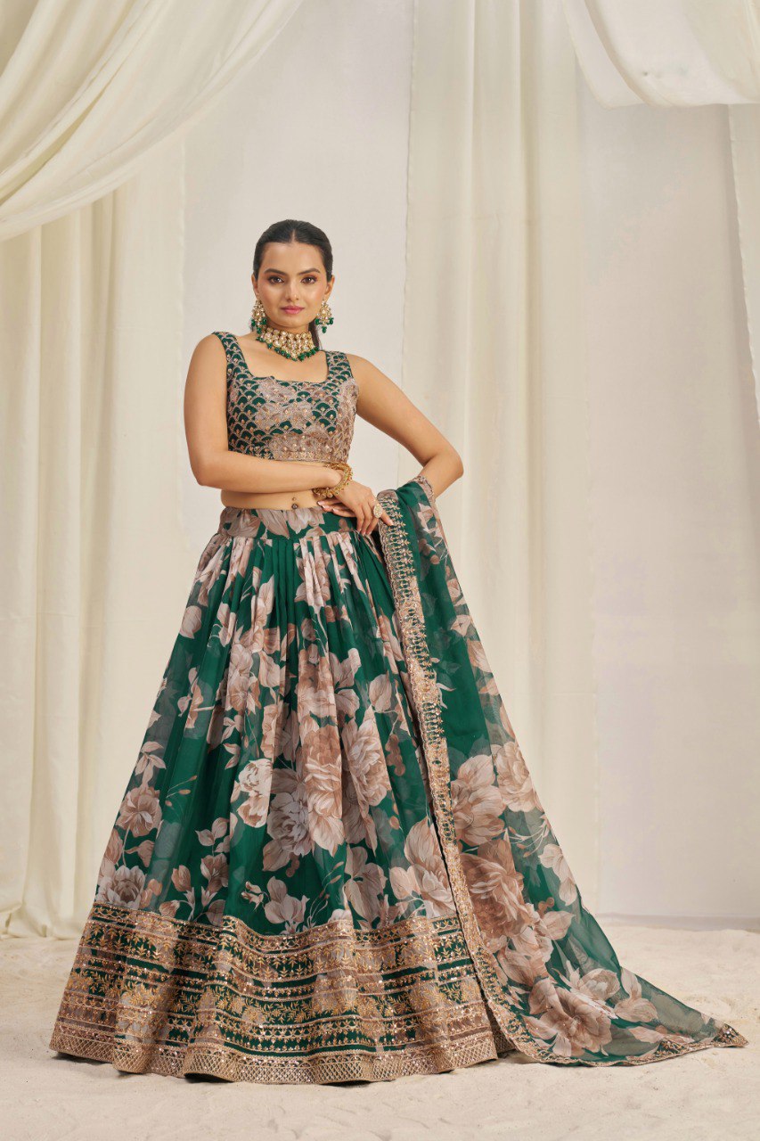 Green Print & Embroidered Organza Silk Lehenga Choli