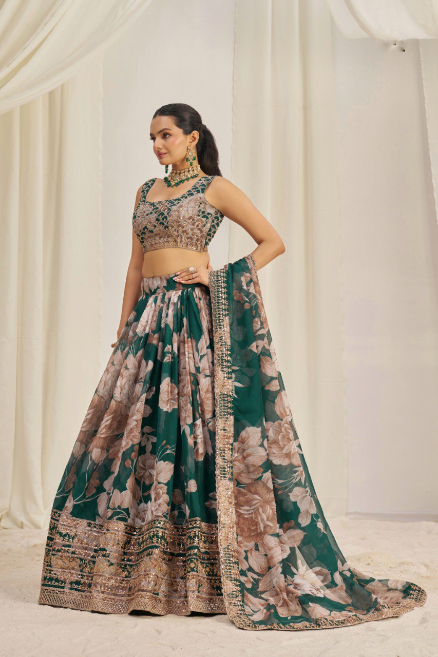 Green Print & Embroidered Organza Silk Lehenga Choli